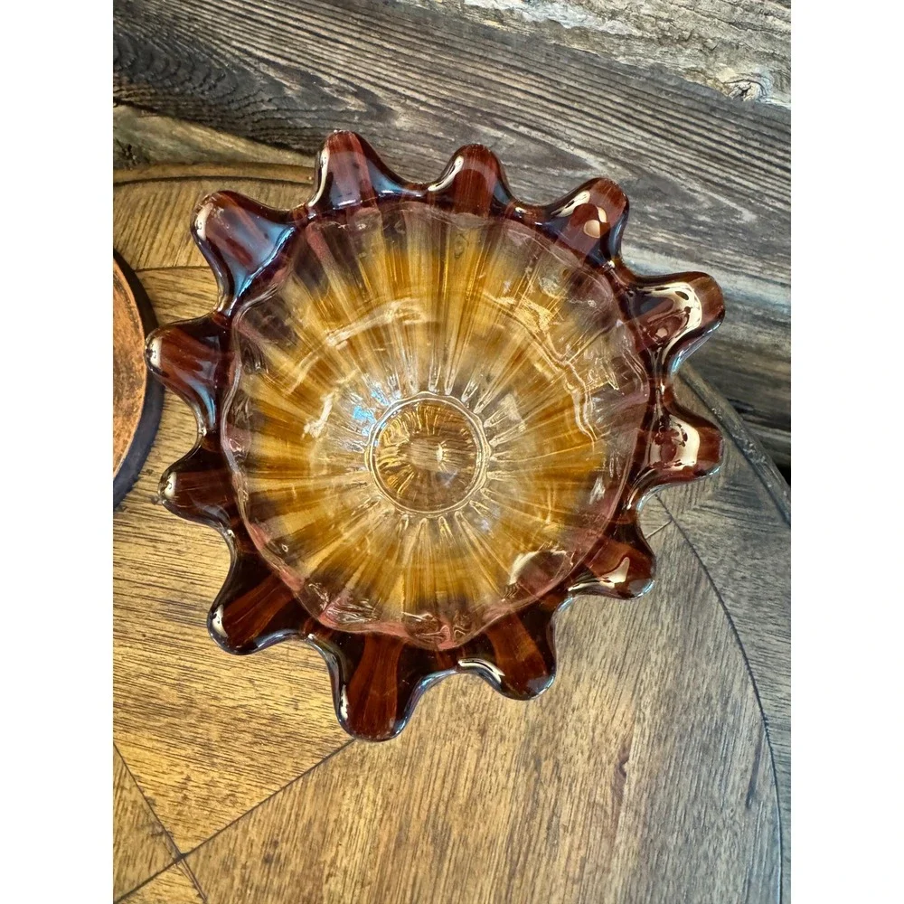 Federal glass Vintage Cranberry Amber Ombre Art Glass Vase‎ Ribbed Ruffle Rim